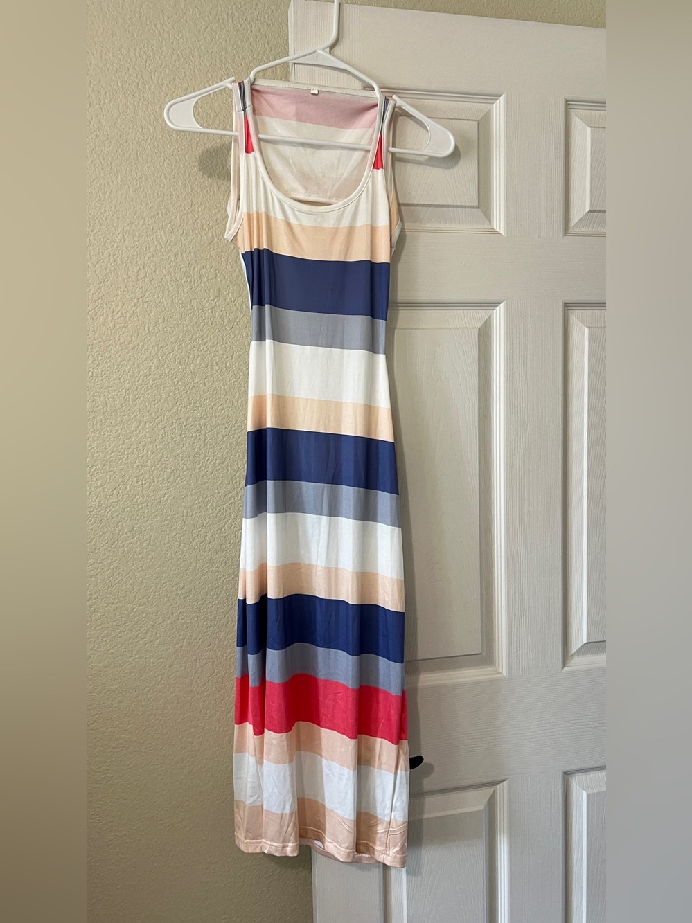 Sleeveless Striped Backless Maxi Dress in Navy, White & Coral